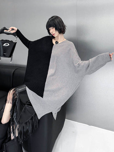 1720148 Batwing Sleeves Irregularity Asymmetric Contrast Color Split-Joint Textured V-Neck Sweater Tops