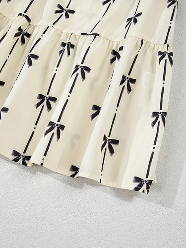 1729431 A-Line Loose Bowknot Contrast Color Printed Split-Joint Stand Collar Midi Dresses