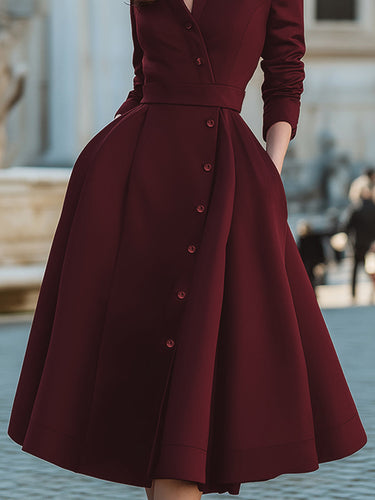 A-Line High Waisted Buttoned Pockets Solid Color Split-Joint Stand Collar Midi Dresses