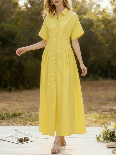 Loose Short Sleeves Buttoned Pleated Solid Color Lapel Collar Midi Dresses Shirt Dress