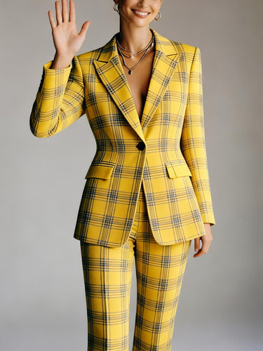 1742679 Elasticated Waist High Waisted Buttoned Contrast Color Plaid Split-Joint Notched Collar Blazer Outerwear
