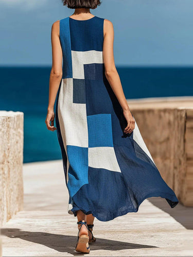 1785369 A-Line Loose Contrast Color Pockets Split-Joint Round-Neck Maxi Dresses