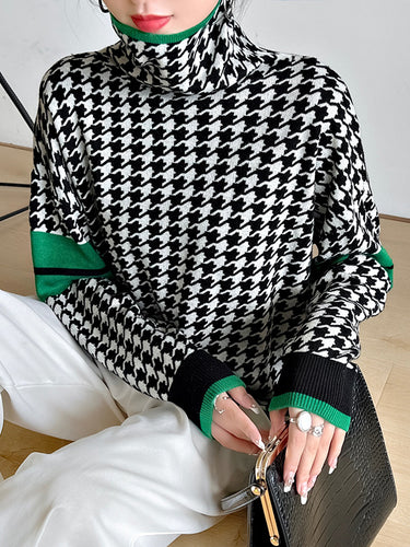 Mangas compridas Contraste solto colorido houndstooth high pescont pullovers suéters tops