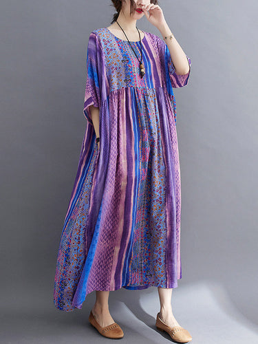 ヴィンテージサイドポケットストライプの花の印刷されたミディドレス