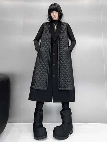 1720314 Loose Sleeveless Buttoned Plaid Pockets Solid Color Split-Joint Notched Collar Outerwear Padded Vest