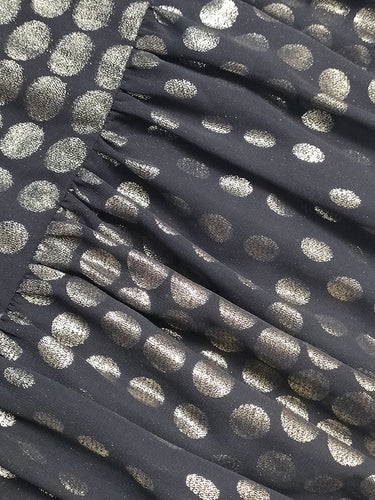 Long Sleeves Puff Sleeves Pleated Polka Dot Shiny Split-Joint High Neck Mini Dresses