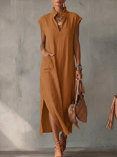 1781508 Loose Sleeveless Pockets Ruffle Trim Solid Color Split-Side Stand Collar Midi Dresses