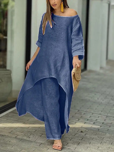 1780471 Asymmetric Solid Color High Waist High-Low Round-Neck Tops + Wide Leg Pants Bottoms Two Pieces Set