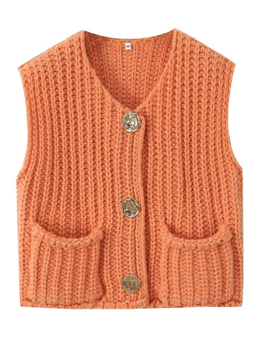 1783573 Sleeveless Buttoned Pockets Solid Color Cardigan Tops Knit Top