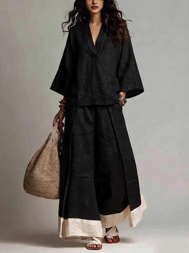 1775105 Conjunto de duas peças solto plus size cor contrastante com bolsos plissados ​​e decote em V