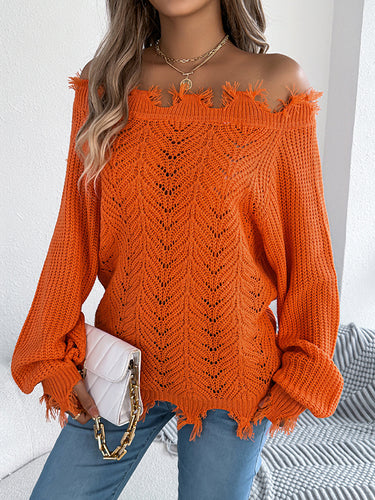 1713306 Long Sleeves Hollow Knitted Leaves Ribbed Knit See-Through Solid Color Off-The-Shoulder Sweater Tops
