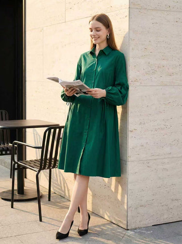 A-Line Elasticated Waist Buttoned Drawstring Solid Color Split-Joint Lapel Midi Dresses Shirt Dress