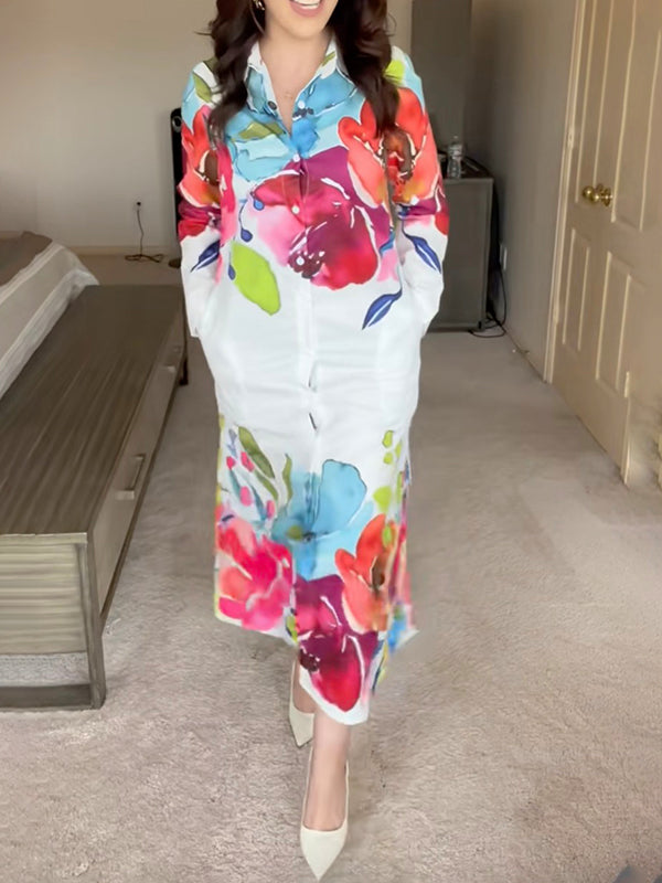 Long Sleeves Buttoned Flower Print Tied Waist Lapel Maxi Dresses main image 1