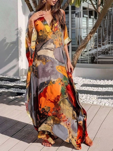أكمام Batwing فضفاضة شاش مطبوعة مقسمة الفساتين Maxi