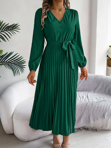 1713855 High Waisted Long Sleeves Belted Buttoned Pleated Solid Color V-Neck Maxi Dresses
