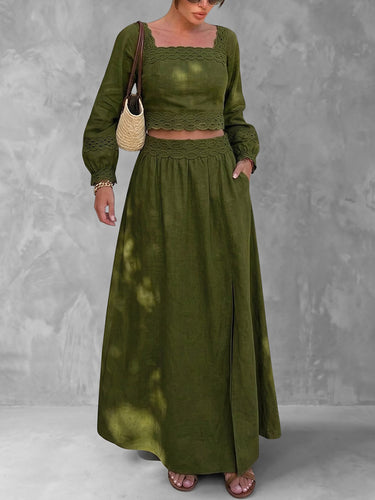 1788924 Split-side Solid Color Backless Long Sleeves High Waisted Square-neck Two Pieces Set Skirts Bottoms + Blouses&shirts Tops