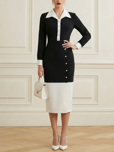 High Waisted Long Sleeves Buttoned Contrast Color Split-Front Split-Joint Lapel Midi Dresses