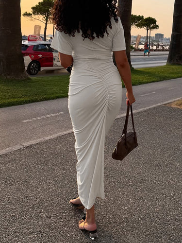1789290 Solid Color Pleated Skinny High Waisted Midi Dresses