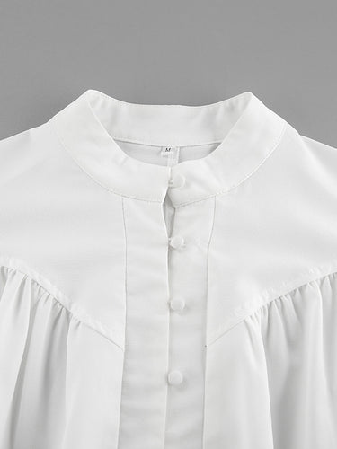 1751862 Blouses met lange mouwen, losse pasvorm, knoopsluiting, plooien en opstaande kraag in effen kleur.&Shirts Tops