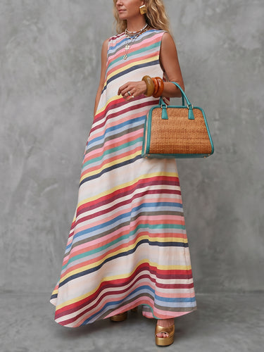 A-Line Loose Contrast Color Striped Round-Neck Maxi Dresses Uoozee official A-Line Loose Contrast Color Striped Round-Neck Maxi Dresses Uoozee official