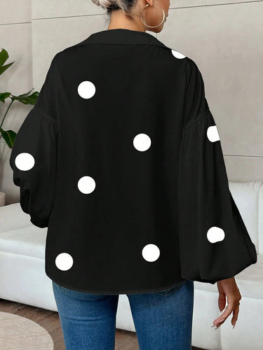 1780291 Long Sleeves Loose Contrast Color Pleated Polka Dot Split-Joint Lapel Blouses&Shirts Tops