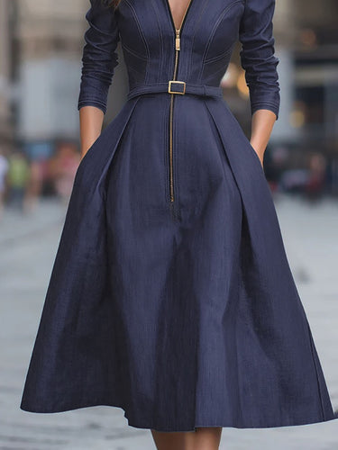 A-Line High Waisted Belted Pleated Pockets Zipper Lapel Midi Dresses