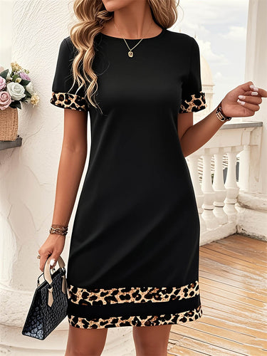 Bodycon Loose Contrast Color Leopard Split-Joint Round-Neck Mini Dress – Uoozee official