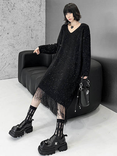 1720284 Irregularity Long Sleeves Contrast Color Sequined Shiny Split-Joint Tasseled V-Neck Midi Dresses Sweater Dresses