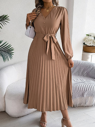 1713846 High Waisted Long Sleeves Belted Buttoned Pleated Solid Color V-Neck Maxi Dresses