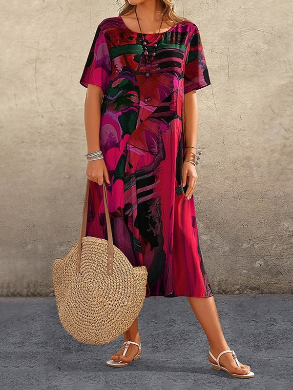Striped Printed Loose A-Line Round-Neck Dress