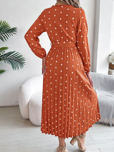 1756157 High Waisted Long Sleeves Pleated Polka Dot Tied Waist V-Neck Maxi Dresses Shirt Dress