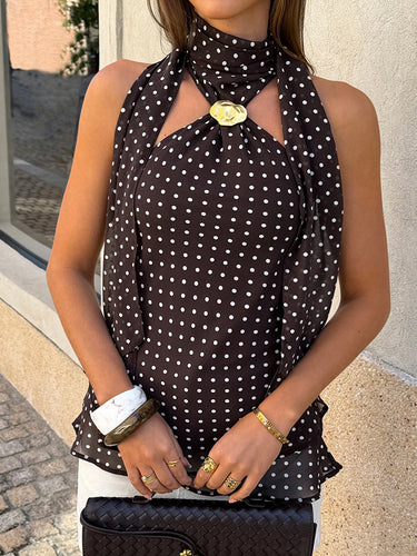 1775555 Sleeveless Backless Polka Dot Halter-Neck Tank Top