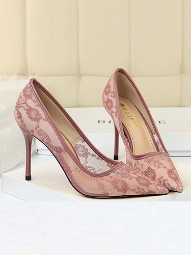 1748814 Flower Print Hollow Pointed-Toe Split-Joint Pumps