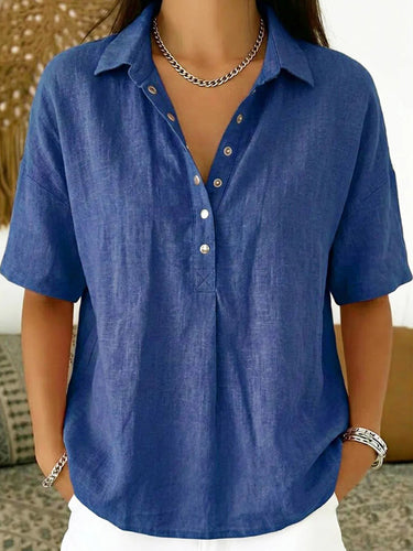 1767390 Half Sleeves Loose Buttoned Solid Color Lapel Blouses&Shirts Tops