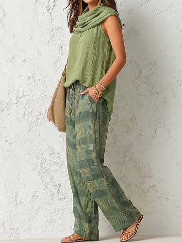 1779200 High Waisted Loose Contrast Color Plaid Pockets Pants Trousers