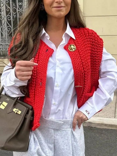 1484373 Sleeveless Buttoned Pockets Solid Color Cardigan Tops Knit Top