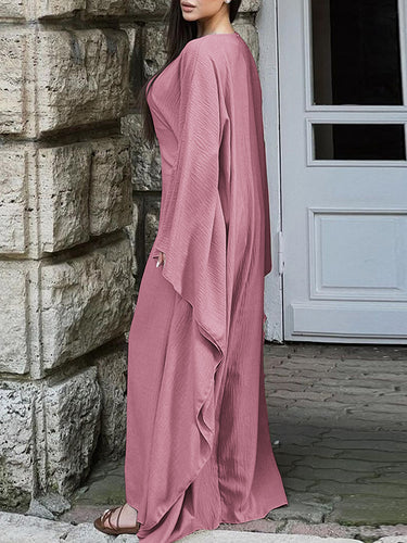 1717843 Batwing Sleeves Long Sleeves Solid Color Round-Neck Maxi Dresses