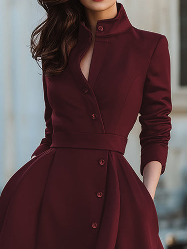 A-Line High Waisted Buttoned Pockets Solid Color Split-Joint Stand Collar Midi Dresses
