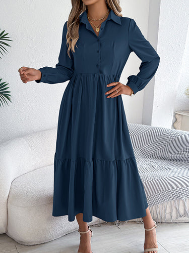 1713689 High Waisted Long Sleeves Pleated Ruffled Solid Color Lapel Midi Dresses Shirt Dress