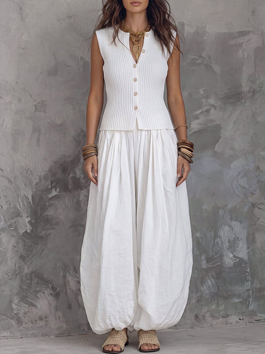 1786468 Loose Sleeveless Buttoned Ribbed Knit Solid Color V-Neck Vest Top