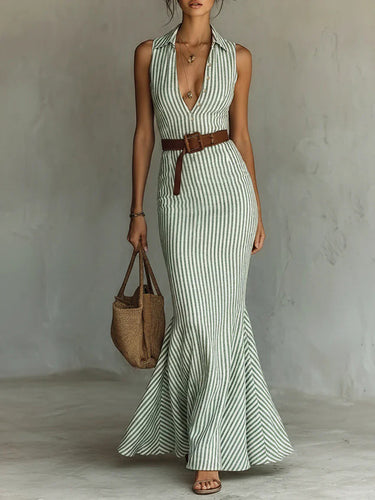 1782030 Bodycon Mermaid Belted Striped Deep V-Neck Maxi Dresses