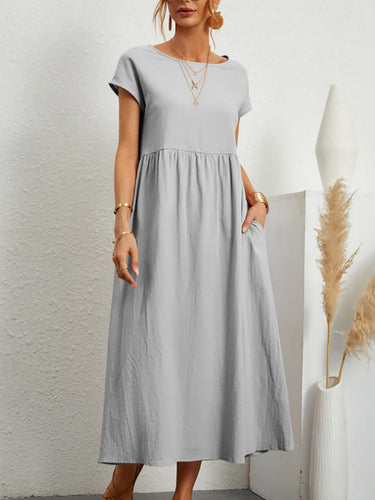 1768158 Corte en A Tallas grandes Plisado Bolsillos Color sólido Cuello redondo Midi Vestidos