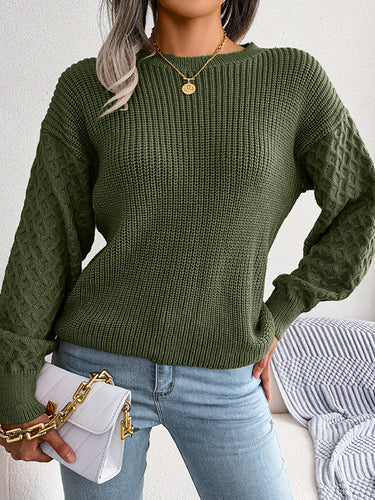 1713740 Long Sleeves Loose Cable Knit Solid Color Round-Neck Sweater Tops