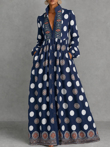 Polka-Dot Pockets Pleated Contrast Color Buttoned Big Hemline Puff Sleeves Loose Stand Collar Maxi Dresses