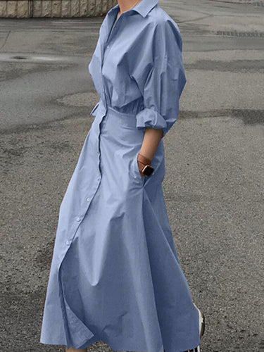 Loose Puff Sleeves Pleated Solid Color Split-Joint Lapel Maxi Dresses – Uoozee official Loose Puff Sleeves Pleated Solid Color Split-Joint Lapel Maxi Dresses – Uoozee official