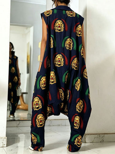 1787427 Loose Sleeveless Pockets Printed Lapel Jumpsuits