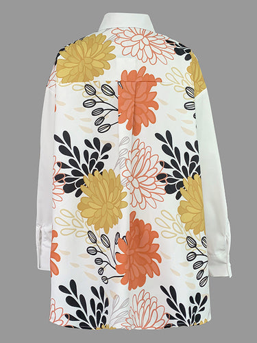 High-Low Long Sleeves Floral Printed Split-Joint Split-Side Lapel Blouses&Shirts Tops