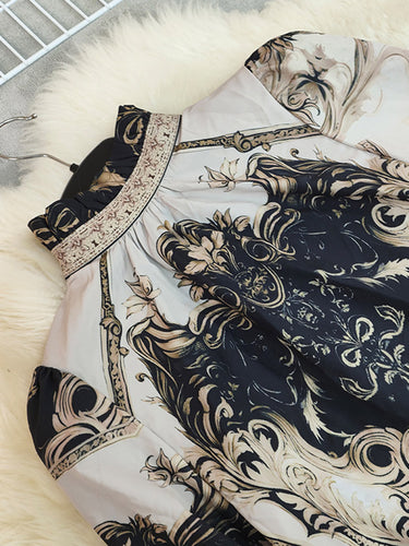 1751677 Long Sleeves Loose Contrast Color Pleated Printed Split-Joint Stand Collar Blouses&Shirts Tops