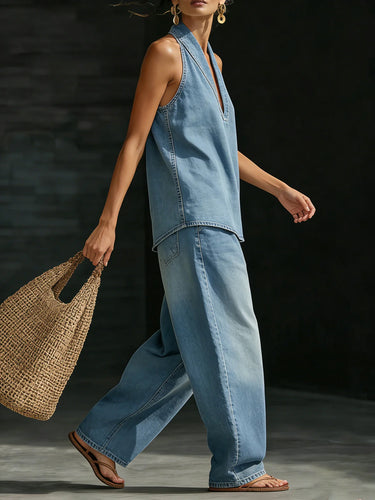 1756494 Loose Wide Leg Pockets Solid Color Jean Pants Bottoms