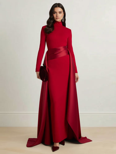 1725200 Bodycon Elasticated Waist Asymmetric Solid Color Split-Joint High Neck Maxi Dresses